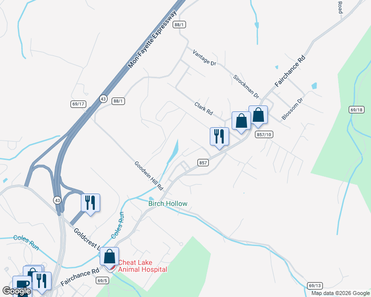map of restaurants, bars, coffee shops, grocery stores, and more near 1001-5099 Stone Path Lane in Morgantown