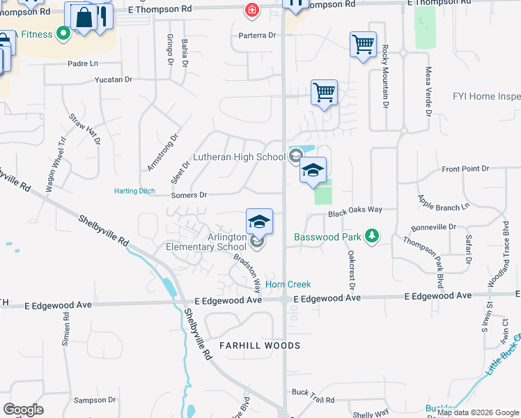 map of restaurants, bars, coffee shops, grocery stores, and more near 5920 Buck Rill Drive in Indianapolis