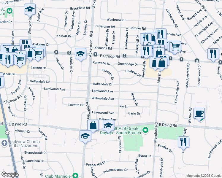 map of restaurants, bars, coffee shops, grocery stores, and more near 944 Hollendale Drive in Dayton