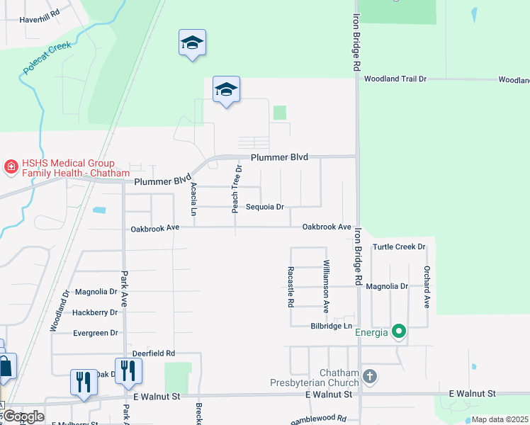 map of restaurants, bars, coffee shops, grocery stores, and more near 1536 Sequoia Drive in Chatham