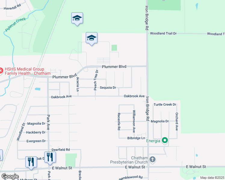 map of restaurants, bars, coffee shops, grocery stores, and more near 1536 Sequoia Drive in Chatham