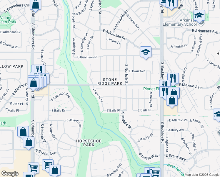 map of restaurants, bars, coffee shops, grocery stores, and more near 1703 South Lewiston Street in Aurora