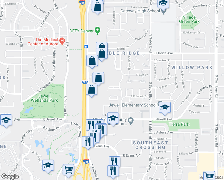 map of restaurants, bars, coffee shops, grocery stores, and more near 1681f East Blackhawk Way in Aurora