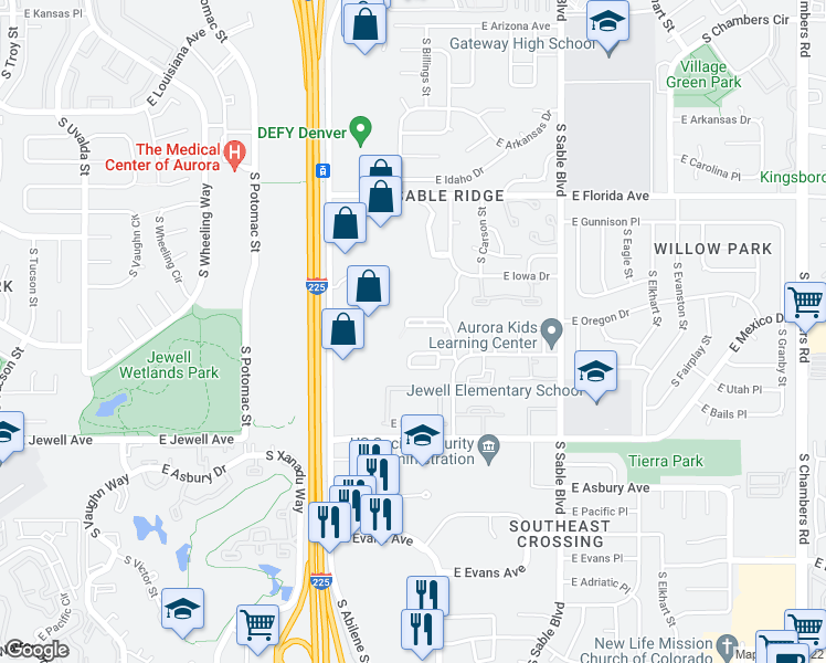 map of restaurants, bars, coffee shops, grocery stores, and more near 1681f East Blackhawk Way in Aurora