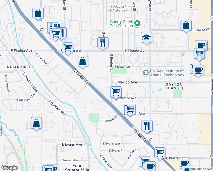 map of restaurants, bars, coffee shops, grocery stores, and more near 9205 East Mexico Avenue in Denver