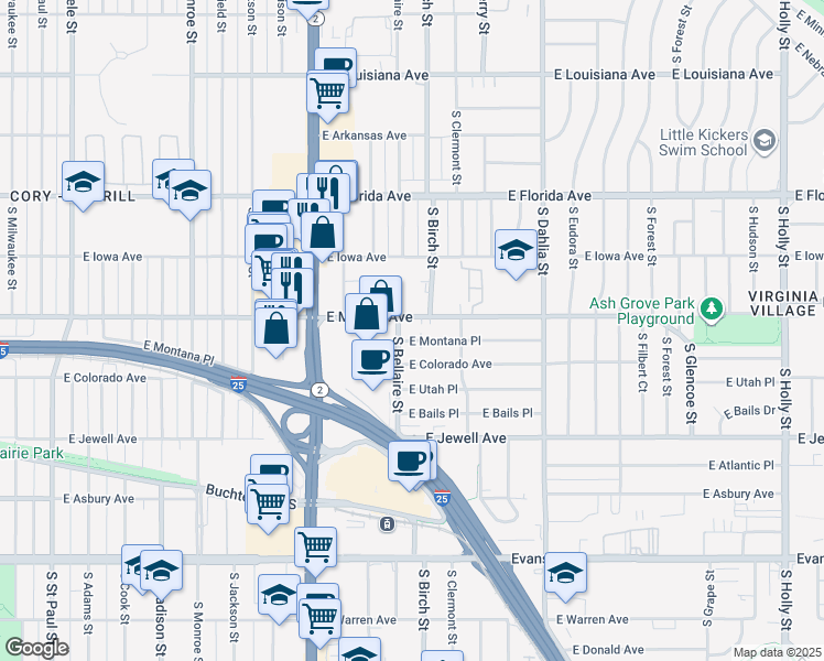 map of restaurants, bars, coffee shops, grocery stores, and more near 1721 South Bellaire Street in Denver