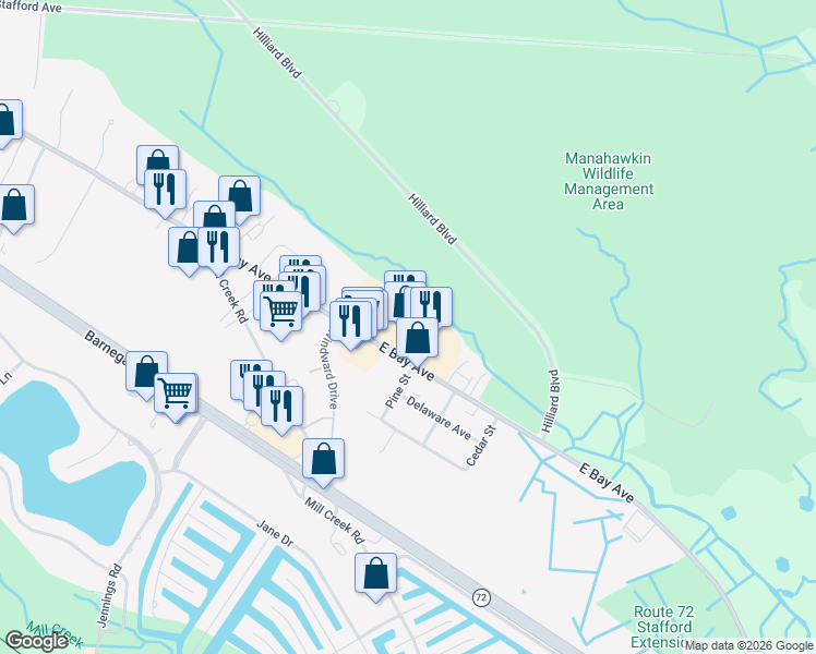 map of restaurants, bars, coffee shops, grocery stores, and more near 712 East Bay Avenue in Stafford Township