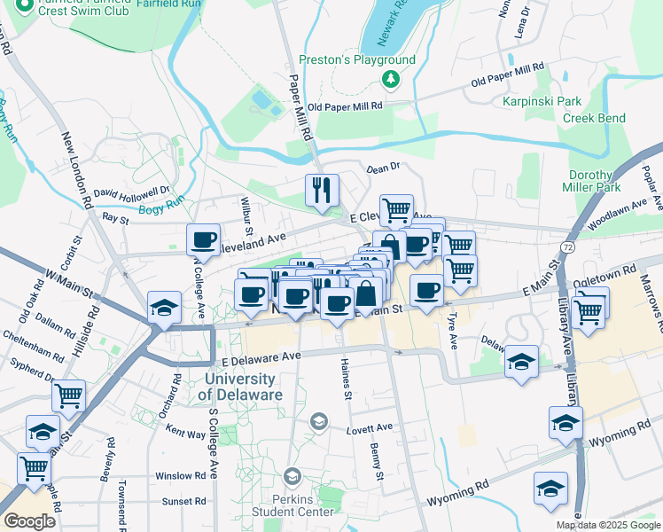 map of restaurants, bars, coffee shops, grocery stores, and more near 11 New Street in Newark