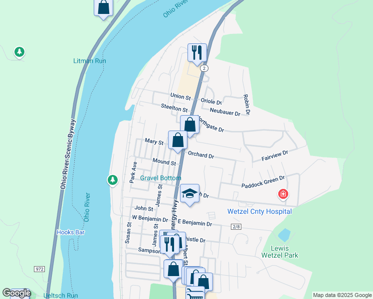 map of restaurants, bars, coffee shops, grocery stores, and more near 11 Ross Street in New Martinsville
