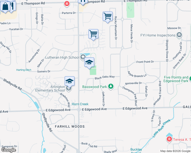 map of restaurants, bars, coffee shops, grocery stores, and more near 6120 Black Oaks Way in Indianapolis