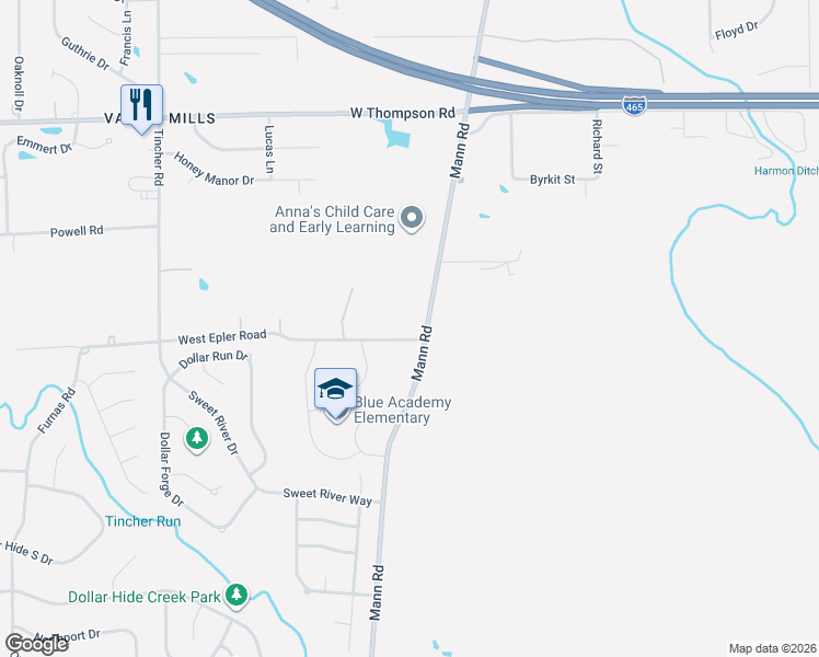 map of restaurants, bars, coffee shops, grocery stores, and more near 5422 Mann Road in Indianapolis