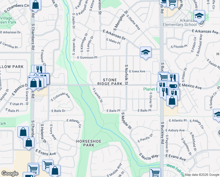 map of restaurants, bars, coffee shops, grocery stores, and more near 1703 South Lewiston Street in Aurora