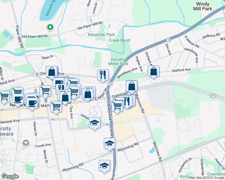 map of restaurants, bars, coffee shops, grocery stores, and more near 402 Delaware 273 in Newark