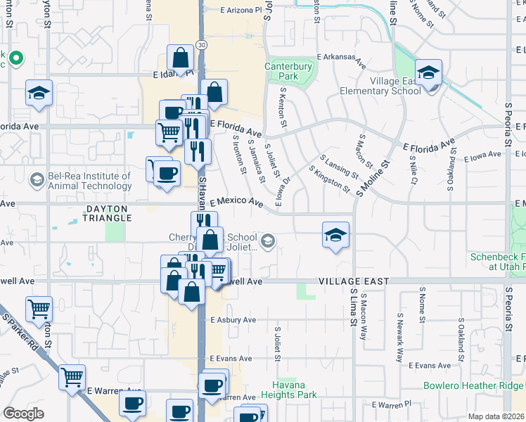 map of restaurants, bars, coffee shops, grocery stores, and more near 10792 East Mexico Avenue in Aurora