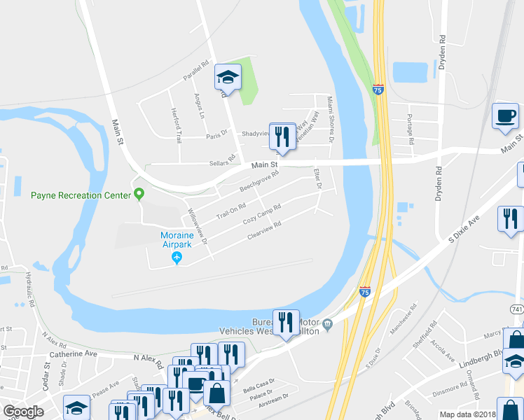 map of restaurants, bars, coffee shops, grocery stores, and more near 3501 Cozy Camp Road in Moraine