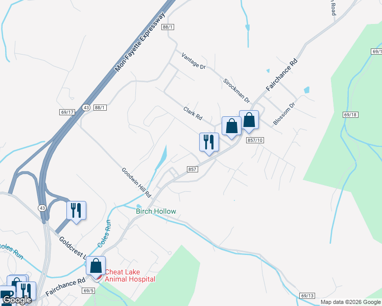 map of restaurants, bars, coffee shops, grocery stores, and more near 1001 Stone Path Lane in Morgantown