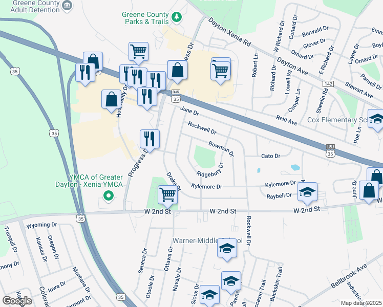 map of restaurants, bars, coffee shops, grocery stores, and more near 486 Ridgebury Drive in Xenia
