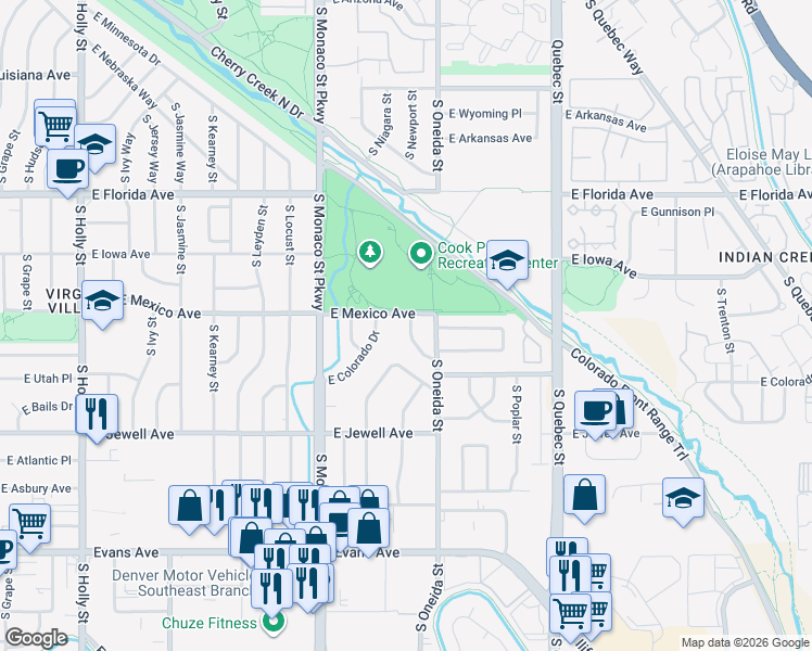 map of restaurants, bars, coffee shops, grocery stores, and more near 6730 East Mexico Avenue in Denver
