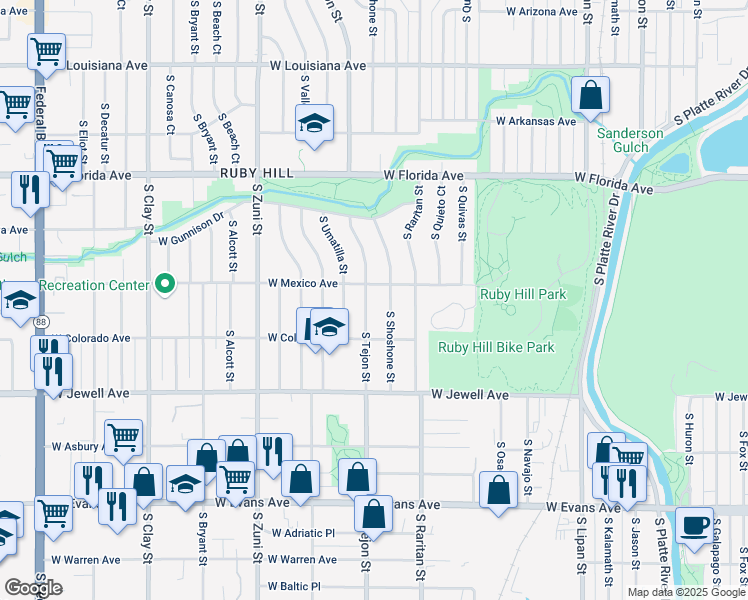 map of restaurants, bars, coffee shops, grocery stores, and more near 1725 South Shoshone Street in Denver