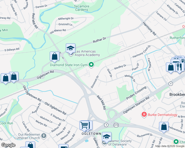 map of restaurants, bars, coffee shops, grocery stores, and more near 9 Mill Park Court in Newark
