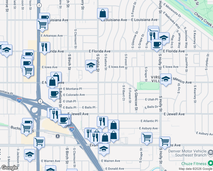 map of restaurants, bars, coffee shops, grocery stores, and more near 1701 South Eudora Street in Denver