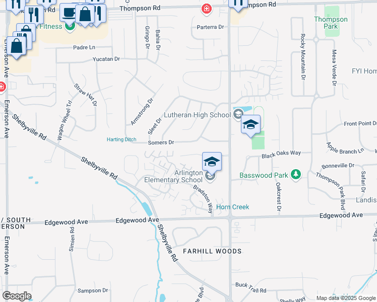 map of restaurants, bars, coffee shops, grocery stores, and more near 5808 Buck Rill Dr in Indianapolis