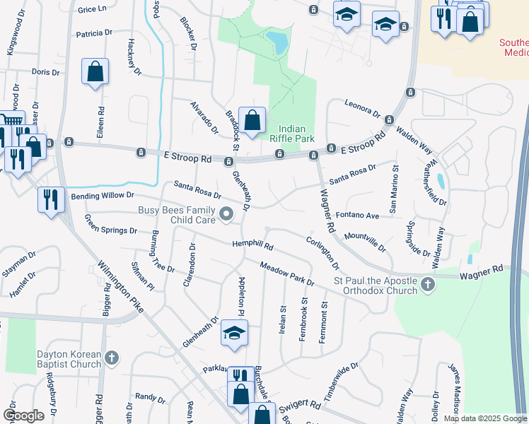 map of restaurants, bars, coffee shops, grocery stores, and more near 2636 Santa Rosa Drive in Dayton