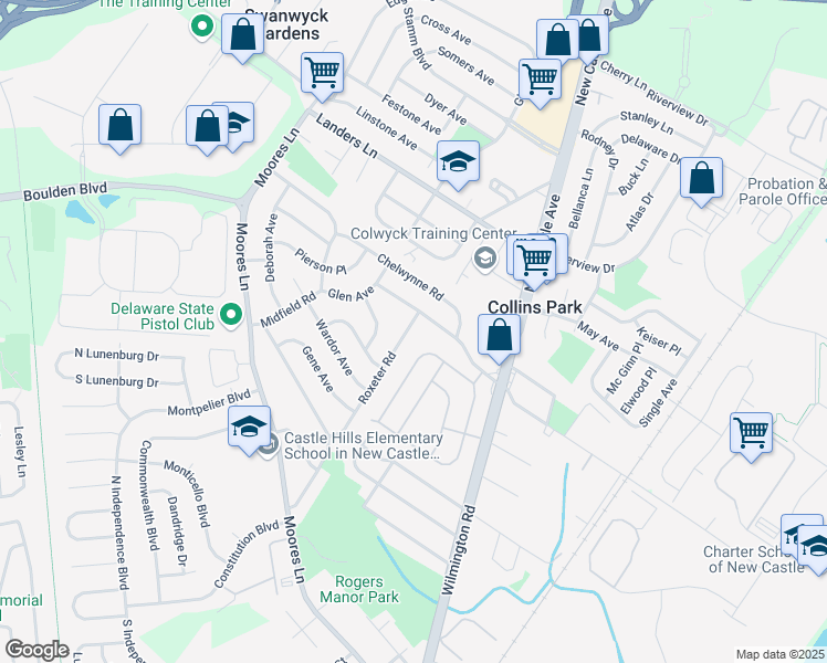 map of restaurants, bars, coffee shops, grocery stores, and more near 45 Roxeter Road in New Castle