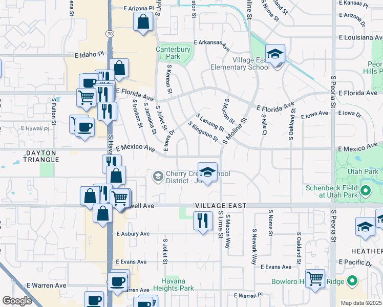 map of restaurants, bars, coffee shops, grocery stores, and more near 1698 South Kenton Street in Aurora