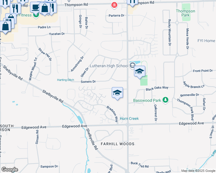 map of restaurants, bars, coffee shops, grocery stores, and more near 5808 Buck Rill Drive in Indianapolis