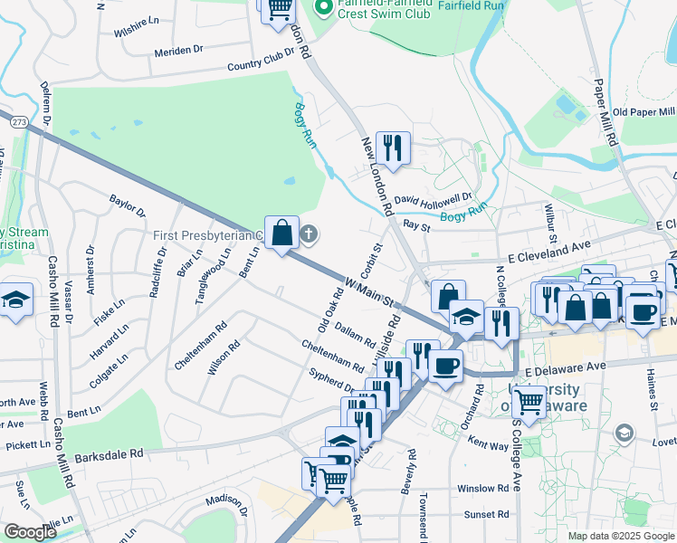 map of restaurants, bars, coffee shops, grocery stores, and more near 246 West Main Street in Newark