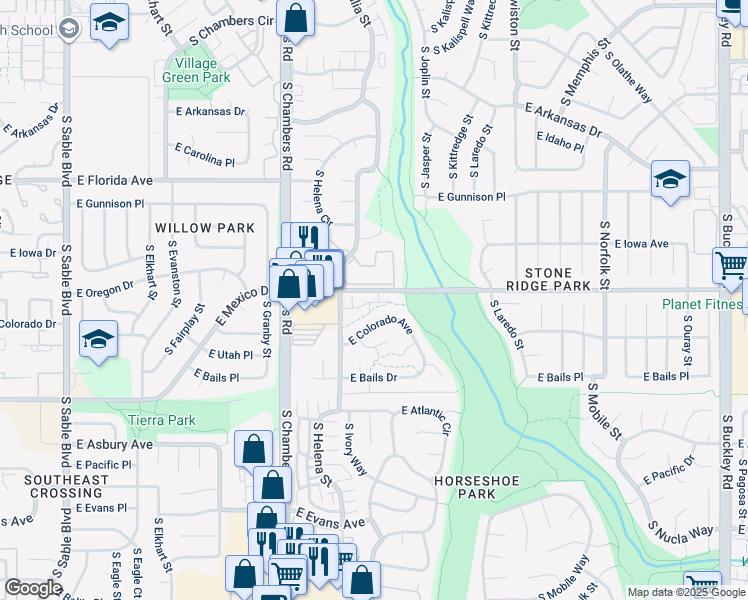 map of restaurants, bars, coffee shops, grocery stores, and more near 15630 East Mexico Avenue in Aurora