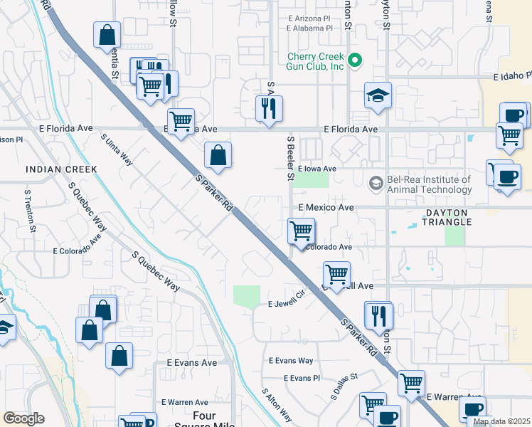 map of restaurants, bars, coffee shops, grocery stores, and more near 1752 South Parker Road in Denver