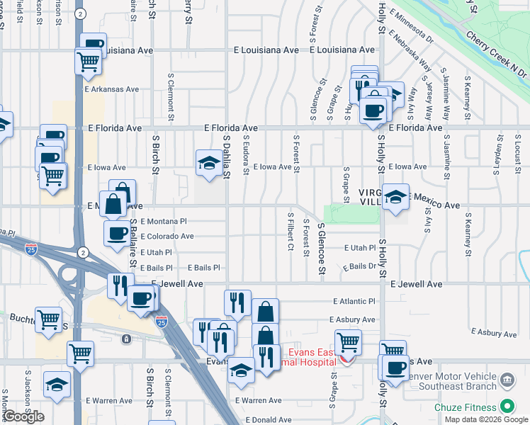 map of restaurants, bars, coffee shops, grocery stores, and more near 1700 South Elm Street in Denver