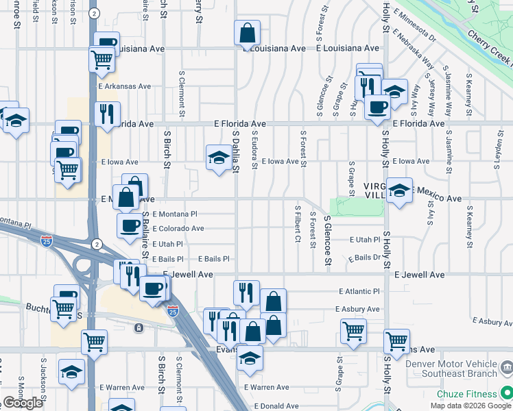 map of restaurants, bars, coffee shops, grocery stores, and more near 1701 South Eudora Street in Denver