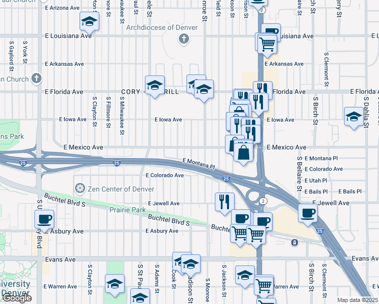 map of restaurants, bars, coffee shops, grocery stores, and more near 1700 South Madison Street in Denver
