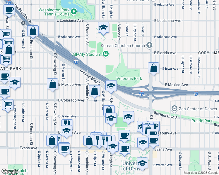 map of restaurants, bars, coffee shops, grocery stores, and more near in Denver