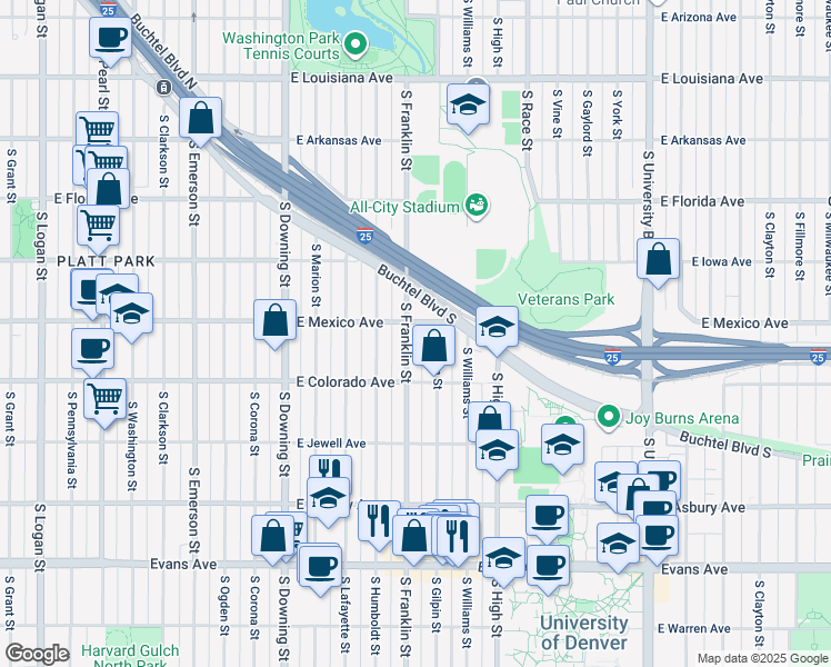 map of restaurants, bars, coffee shops, grocery stores, and more near 1710 South Franklin Street in Denver