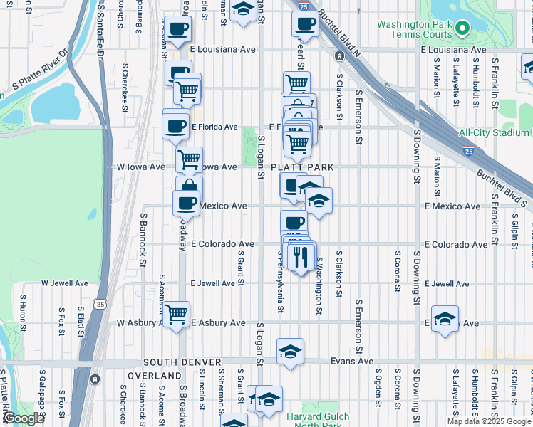 map of restaurants, bars, coffee shops, grocery stores, and more near 1709 South Pennsylvania Street in Denver