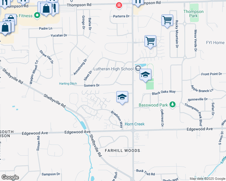 map of restaurants, bars, coffee shops, grocery stores, and more near 5808 Buck Rill Drive in Indianapolis