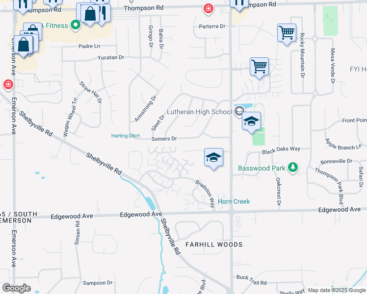 map of restaurants, bars, coffee shops, grocery stores, and more near 5808 Buck Rill Drive in Indianapolis