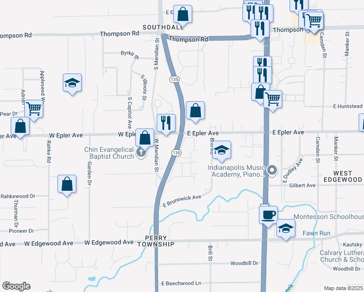 map of restaurants, bars, coffee shops, grocery stores, and more near 5500-5698 S Meridian St in Indianapolis