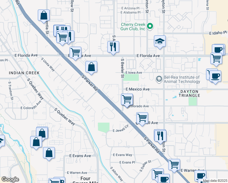 map of restaurants, bars, coffee shops, grocery stores, and more near 1755 South Beeler Street in Denver