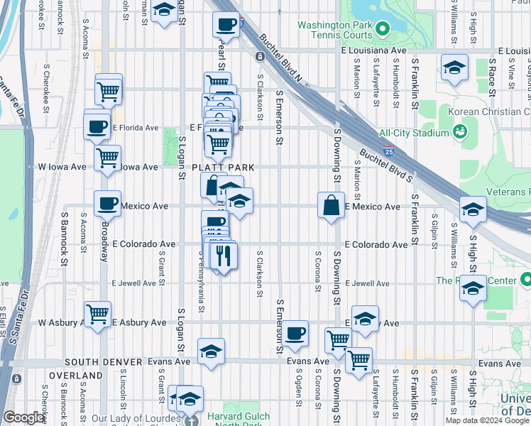 map of restaurants, bars, coffee shops, grocery stores, and more near 1714 South Clarkson Street in Denver