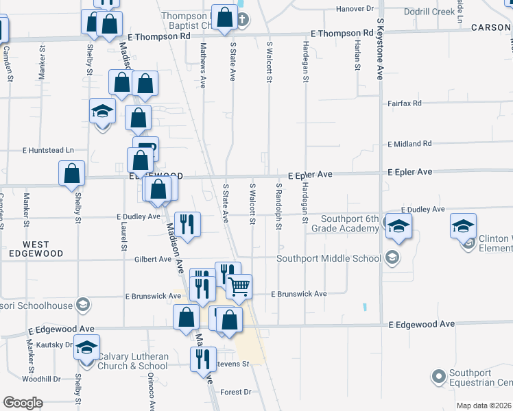 map of restaurants, bars, coffee shops, grocery stores, and more near 5575 South Walcott Street in Indianapolis