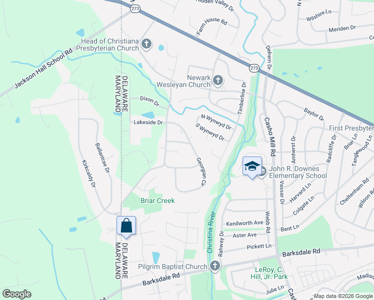 map of restaurants, bars, coffee shops, grocery stores, and more near 9 Georgian Circle in Newark