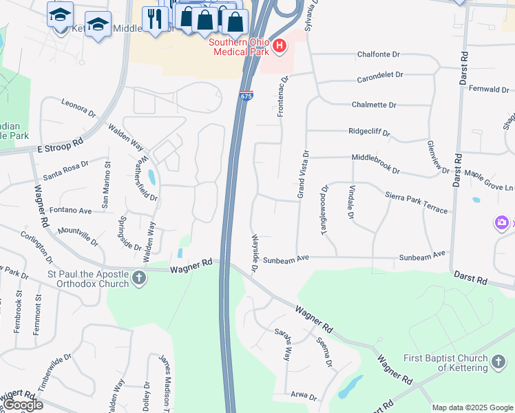 map of restaurants, bars, coffee shops, grocery stores, and more near 378 Wayside Drive in Dayton