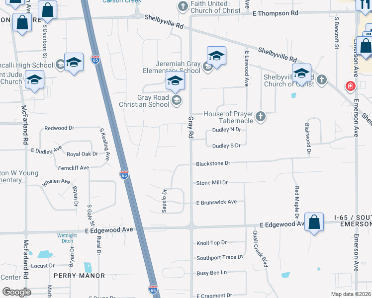map of restaurants, bars, coffee shops, grocery stores, and more near 5612 Gray Road in Indianapolis