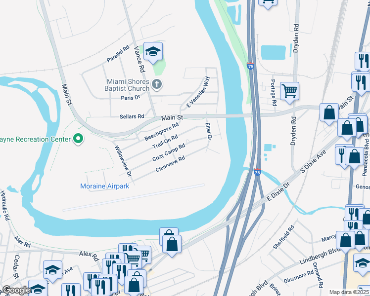 map of restaurants, bars, coffee shops, grocery stores, and more near 3416 Cozy Camp Road in Moraine