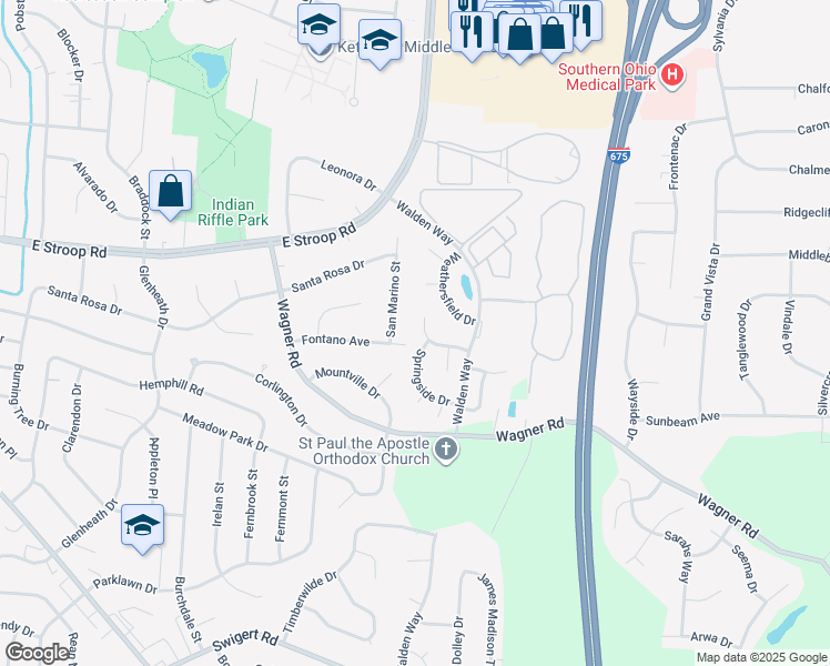 map of restaurants, bars, coffee shops, grocery stores, and more near 4985 Field Point Court in Dayton
